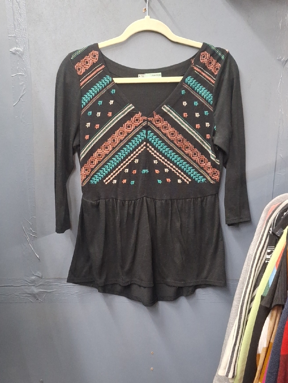Maurices Black V-Neck Peplum Tunic with Teal and Coral Embroidery